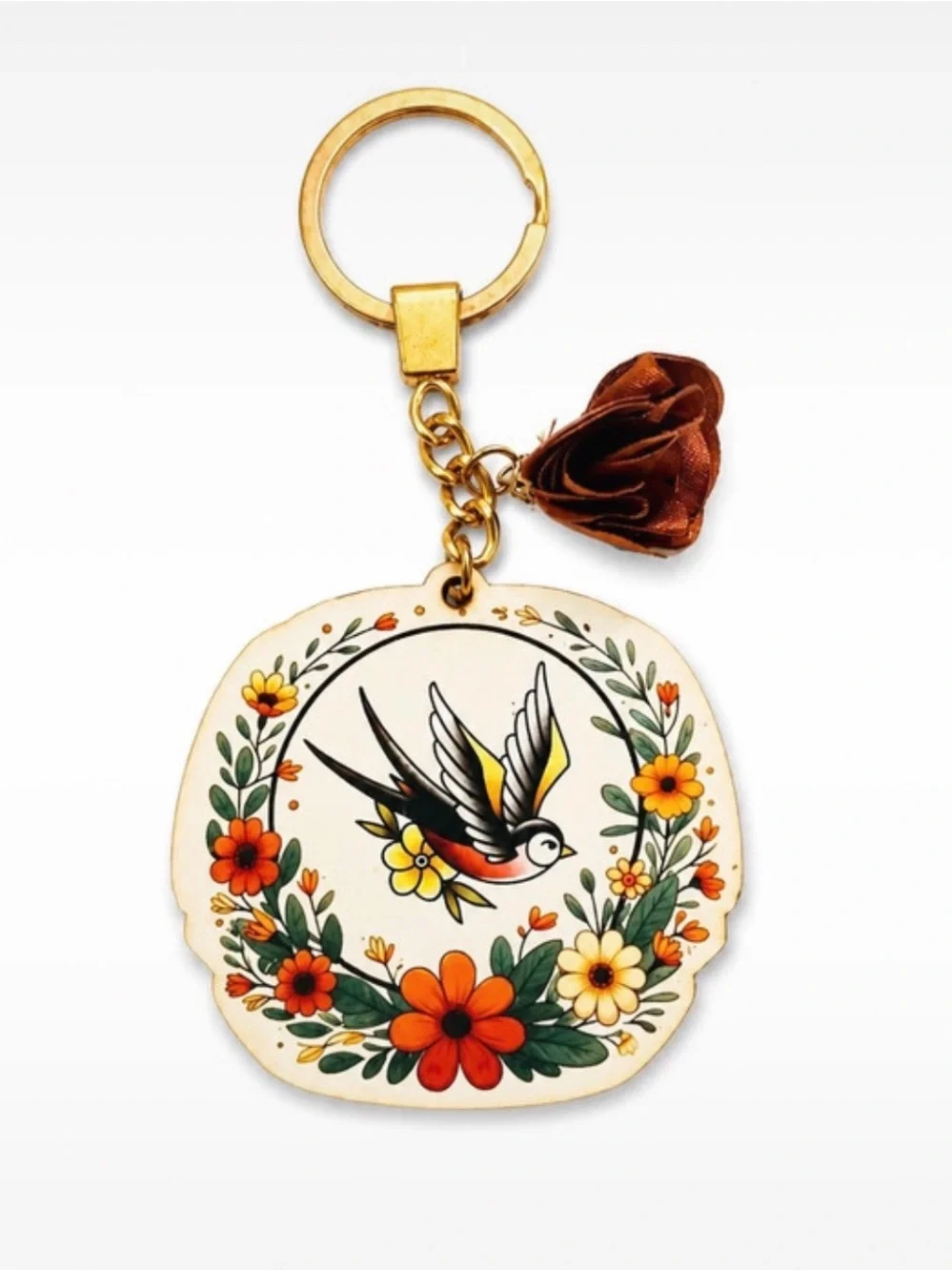 Floral Swallow Key & Card Holder Keychain in Cream and Brown Handmade